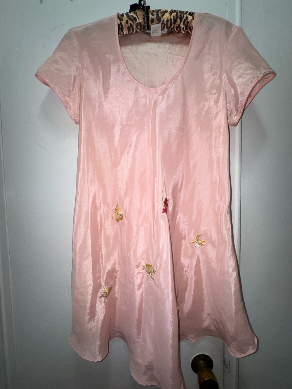 Josie vintage pink satin chemise mini dress with scattered embroidered florals M